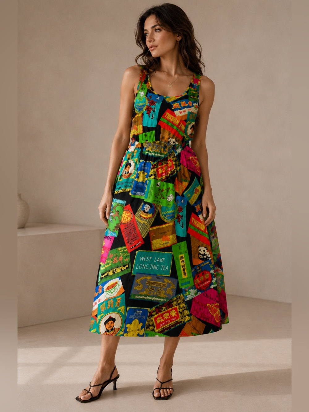 Vintage‎ Jams World Tea Label Print Maxi Dress Rare Find Size M